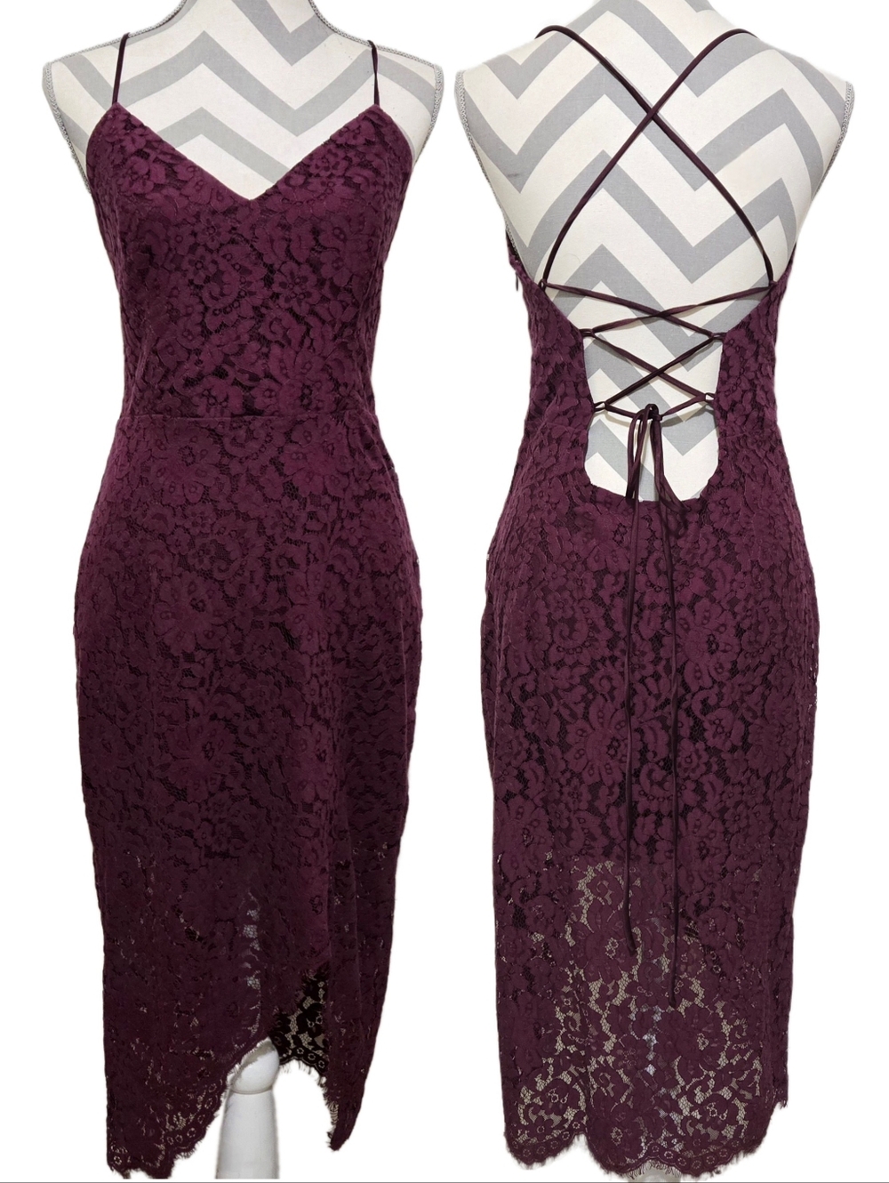 Lovers + Friends Skylight Dress Burgundy Lace Asymmetrical Hem Size Large
